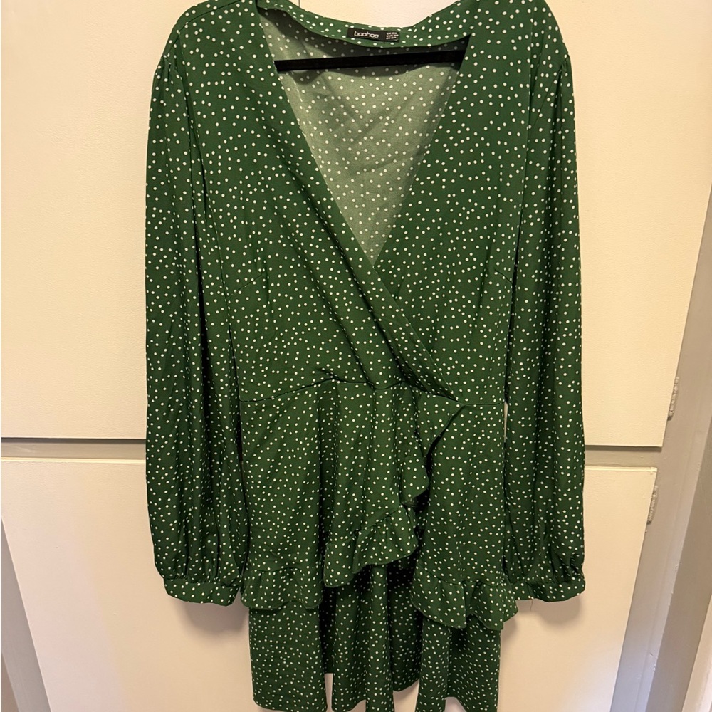 Boohoo Green Wrap Blouse with Long Sleeves